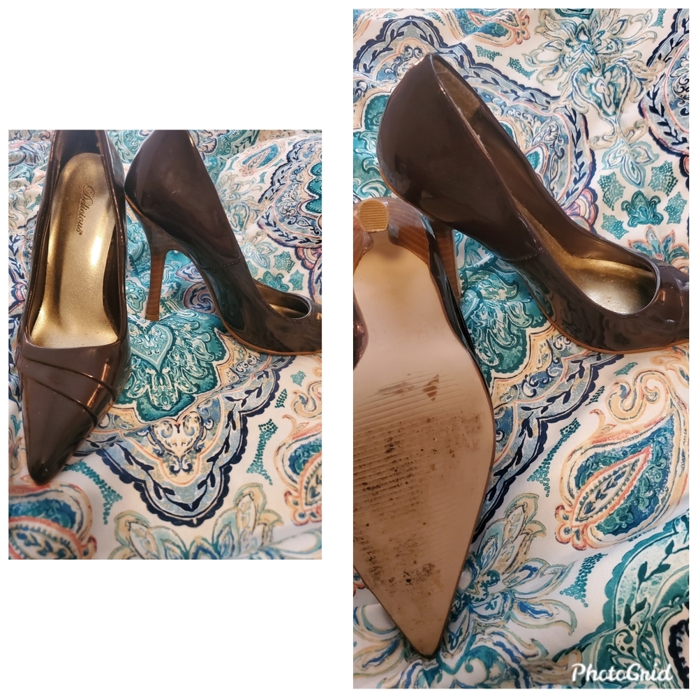 Chocolate brown heels with wood grain heel